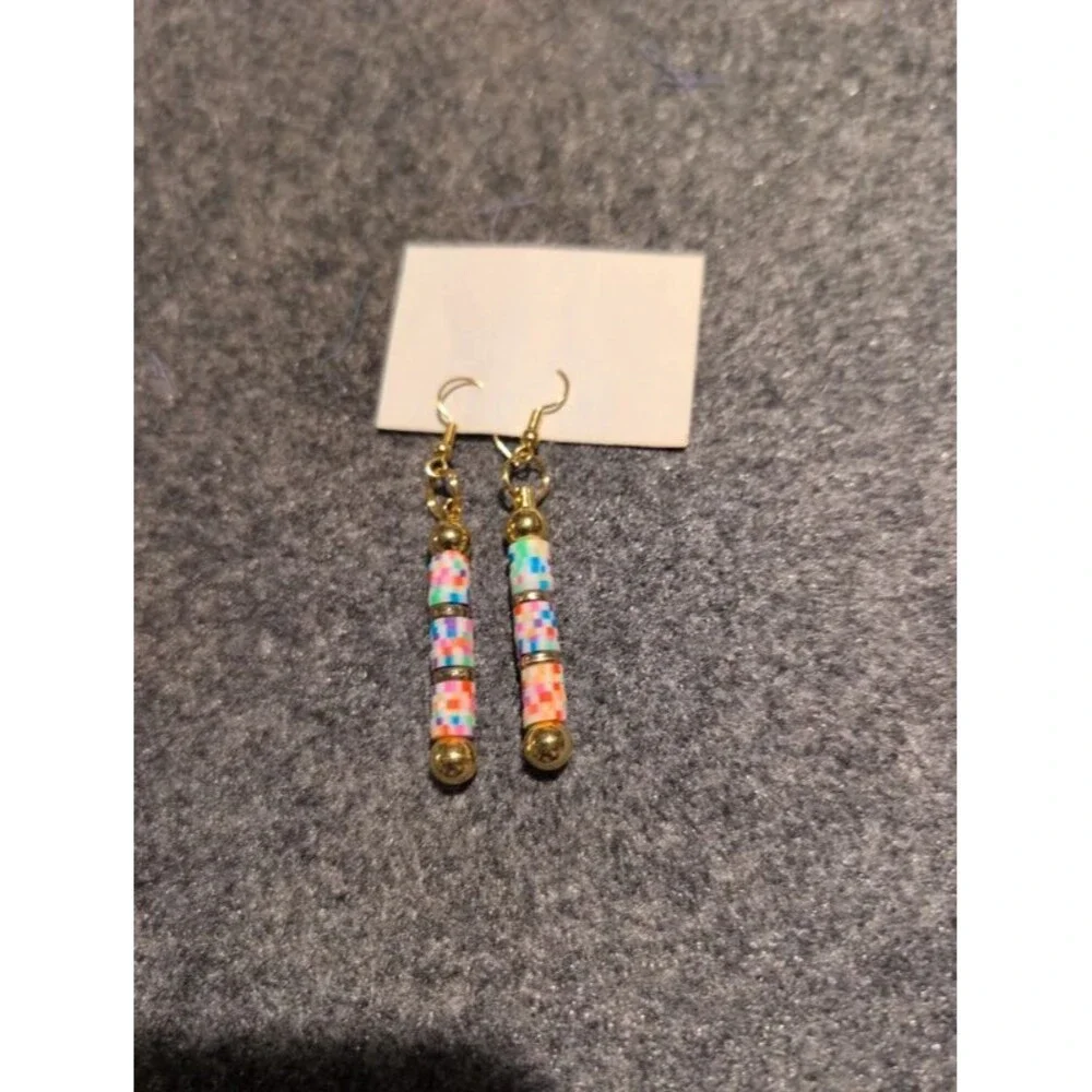 Gold and multi color flatbread, dangle hook earrings